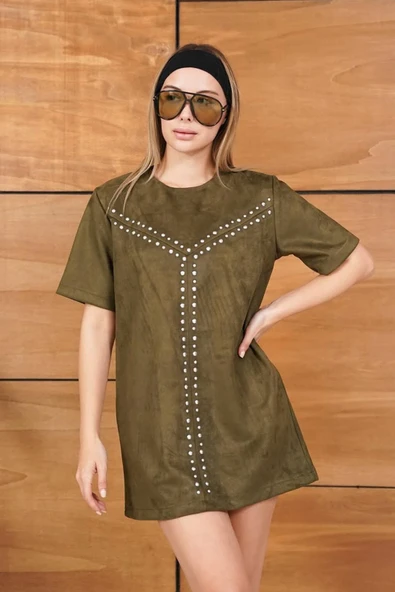 Süet Askılı/Kısa Kollu Çivi Detaylı Mini Elbise - Resim 7