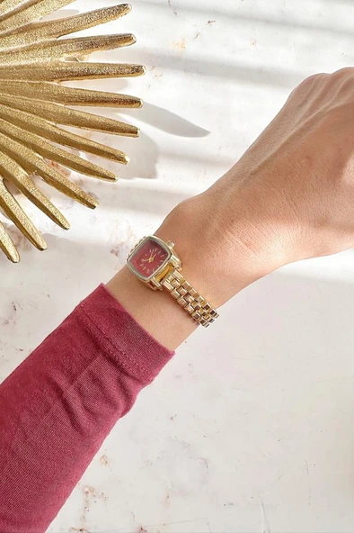 Lyra Bordo Kadran Gold Kordon Kadın Kol Saati - Resim 2