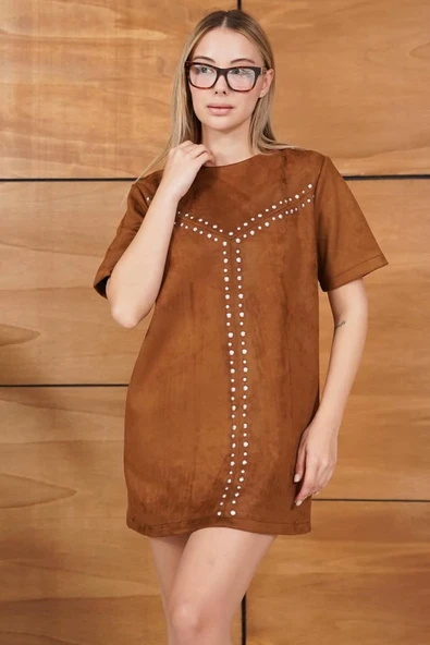 Süet Askılı/Kısa Kollu Çivi Detaylı Mini Elbise - Resim 3