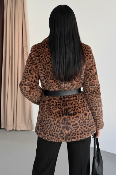 Leopar Desenli Kürk Görünümlü Geniş Yakalı Kemerli Mont - Resim 8