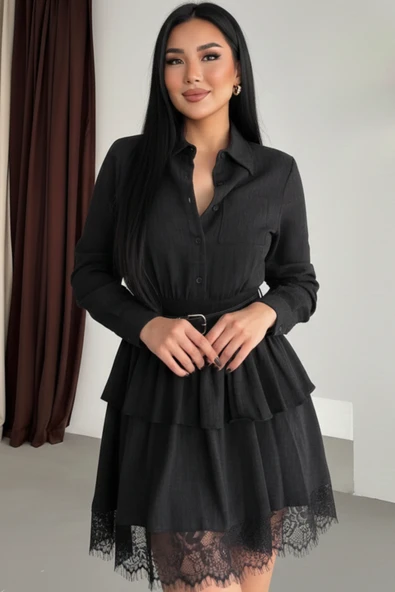 Dantel Detaylı Bordo Fırfırlı Gömlek Elbise - Resim 12