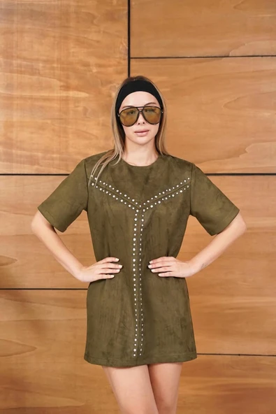Süet Askılı/Kısa Kollu Çivi Detaylı Mini Elbise - Resim 8