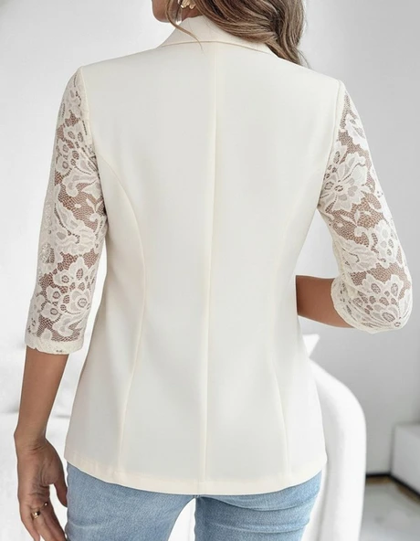 Kadın Uzun Kollu Truvakar Kol önden Düğmeli Cepli Dantelli Atlas Ceket - Resim 2
