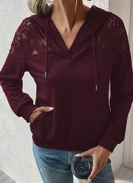 Kadın Uzun Kollu Kapşonlu Bağcıklı Dantelli Viskon Iki Iplik Bluz ürün görseli 1