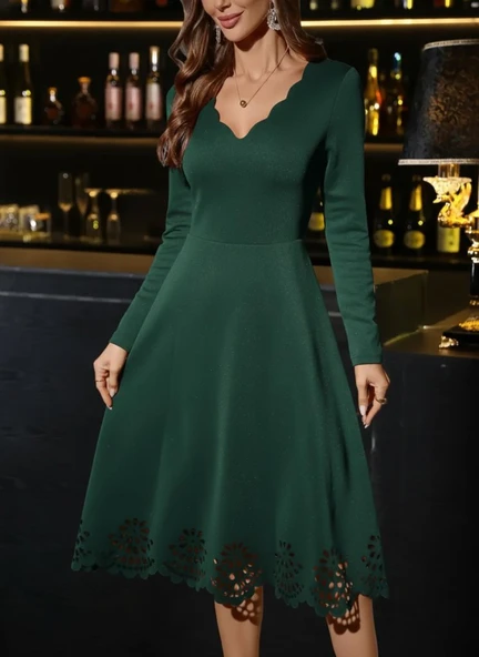 Kadın Uzun Kollu V Yakalı Lazer Kesim Detaylı Midi Ithal Krep Elbise ürün görseli 1