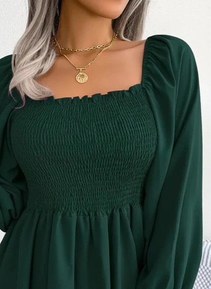 Kadın Uzun Kollu Geometrik Yakalı Gipe Detaylı Krep Bluz - Resim 2