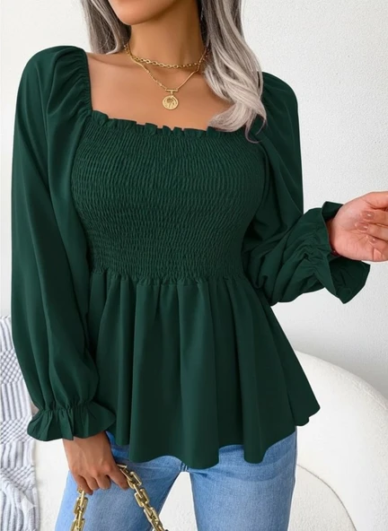 Kadın Uzun Kollu Geometrik Yakalı Gipe Detaylı Krep Bluz - Resim 3