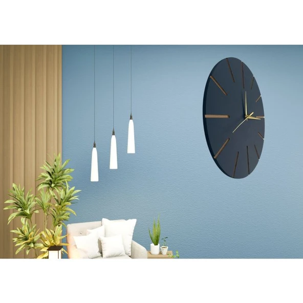 Ahşap Minimal Dekoratif Duvar Saati - 33x33 Cm Lacivert - Resim 3