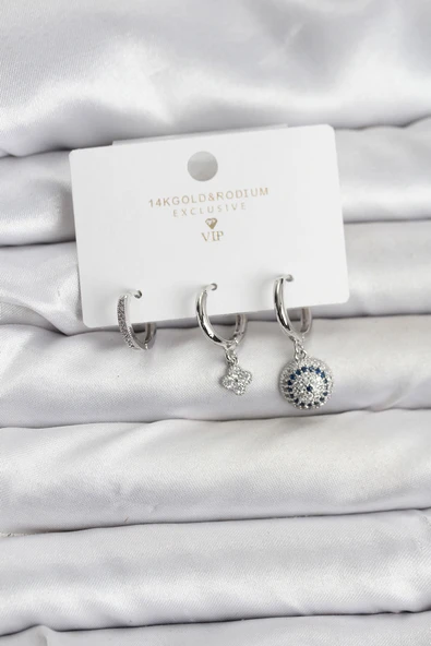 Nazar Model Gümüş Renk Pirinç 3'lü Kadın Küpe Seti - TJ-BKP11442 ürün görseli 1