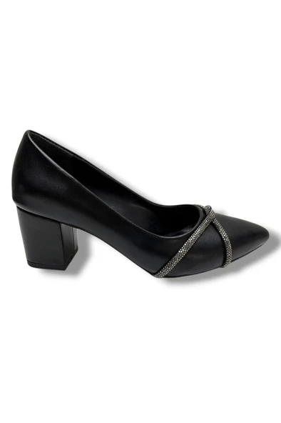 C-Shoes KM59-26 Cilt Deri Çapraz Taşlı Kalın Topuk Kadın Ayakkabı - Resim 2