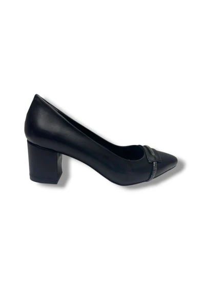 C-Shoes 103-26 Cilt Deri Şerit Taşlı Kalın Topuk Kadın Ayakkabı - Resim 5