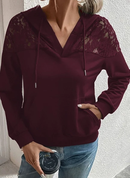 Kadın Uzun Kollu Kapşonlu Bağcıklı Dantelli Viskon Iki Iplik Bluz - Resim 4