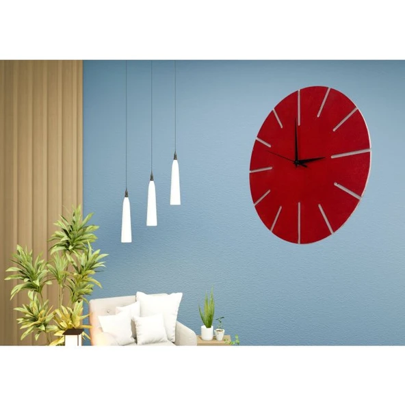 Ahşap Minimal Dekoratif Duvar Saati - 33x33 Cm Kırmızı - Resim 3