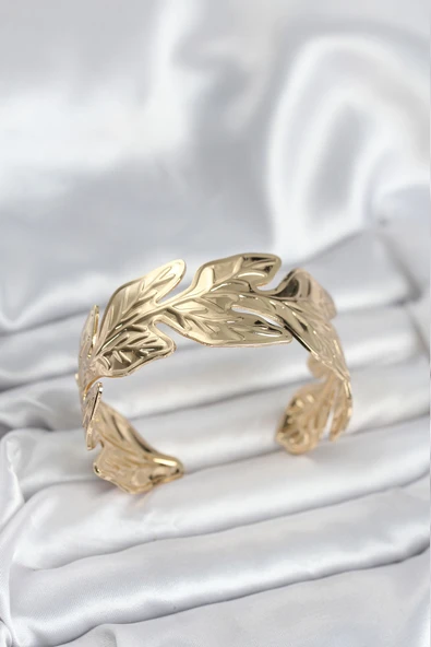 Gold Renk Pirinç Levha Yaprak Model Kadın Bileklik - TJ-BB8052 ürün görseli 1