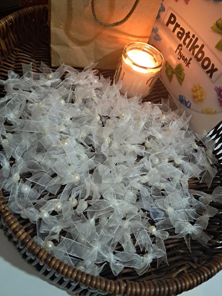 Pratikbox Mini Fiyonk / Tül 1cm'lik / Hediyelik / Süsleme / Beyaz Renk/Yarım incili / 200 Adet ürün görseli 1