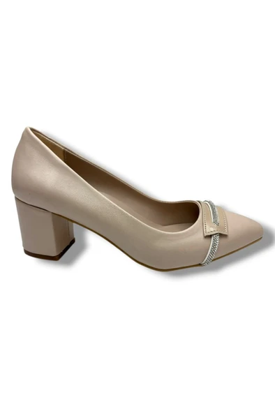 C-Shoes 103-26 Cilt Deri Şerit Taşlı Kalın Topuk Kadın Ayakkabı - Resim 2