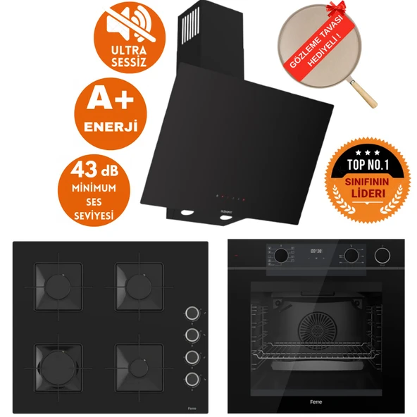 Ferre FryArt&SilentArt-SteamArt Nica Yeni Seri Sessiz Siyah Ankastre Set (D077-SA + QEP64CS +SS205) ürün görseli 1