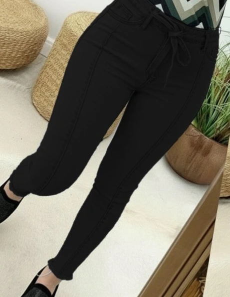 Kadın Yüksek Bel Belden Kuşaklı Yırtık Detaylı Kot Pantolon - Resim 2