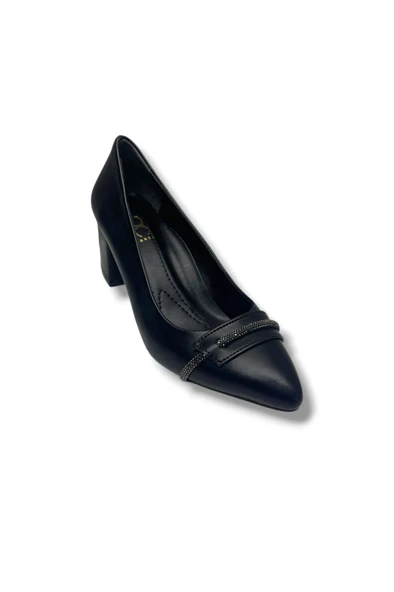 C-Shoes 103-26 Cilt Deri Şerit Taşlı Kalın Topuk Kadın Ayakkabı - Resim 4