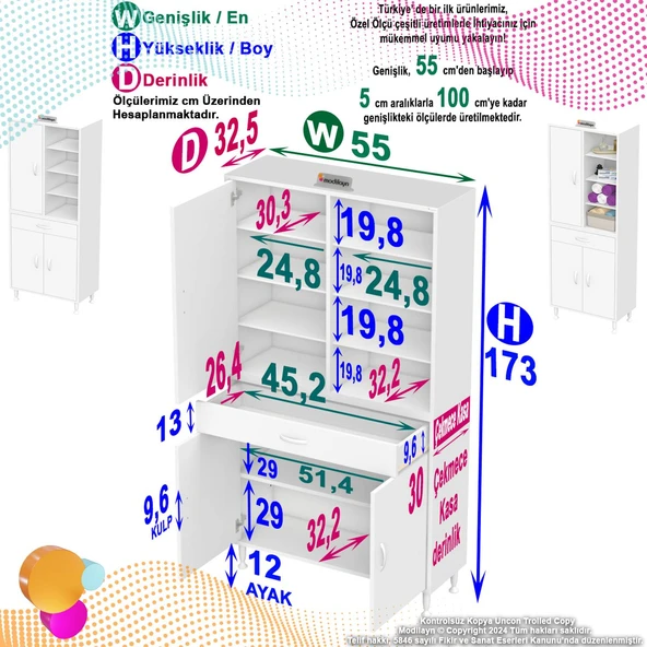 Eliusta  Funci Beyaz Renk G:55 cm Banyo Dolabı 3 Kapaklı 7 Raflı Dolap 55x173x32,5 cm Boyutlarında Dolap - Resim 2