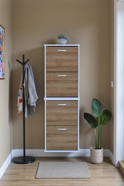 Eliusta  Slim 4 Düşer Kapaklı 52 cm Meşe Asma Ayakkabılık Kapı Önü/Antre 52x156x26 cm Ayakkabılık - Resim 2