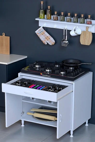 Eliusta  Liva Baharat Raflı 70 cm Çekmeceli Ankastre Mutfak Dolabı Çok Amaçlı Dolap 60x88x48 cm Beyaz Dolap ürün görseli 1