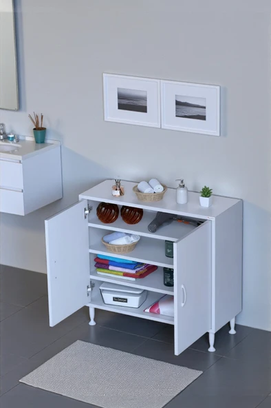 Eliusta  Nirat 80 cm 4 Bölmeli Beyaz Banyo Mutfak Dolabı 3 Raflı Kapaklı Çok Amaçlı Dolap 80x75x32,5 cm ürün görseli 1