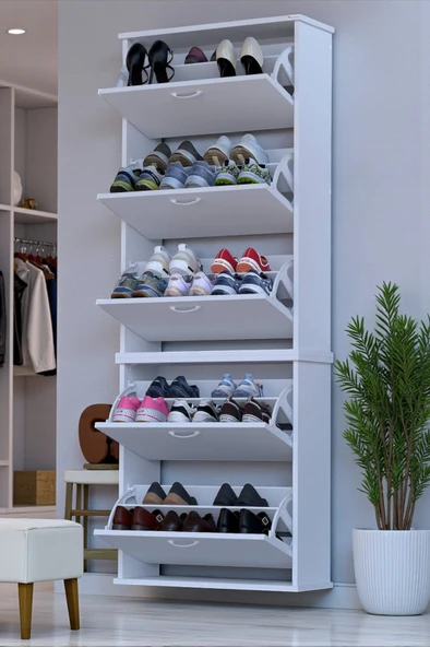 Eliusta  Sho Beş Düşer Kapaklı Ayakkabılık Beyaz Renk 72 cm Asma 72x193x26 cm Ayakkabılık - Resim 3