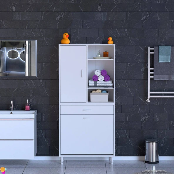 Eliusta  Mira Dolap 6 Bölme Çok Fonksiyonlu Banyo Dolabı 85 cm Beyaz Sepetli Dolap 85x171x32,5 cm Organizer - Resim 3