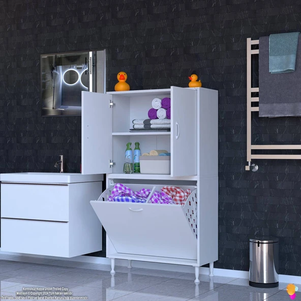 Eliusta  Miretta Üst Bölme Kapaklı Altı Kirli Sepetli Dolap 75 cm Genişlik Beyaz 75x138x32,5 cm Dolap - Resim 3