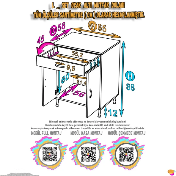 Eliusta  Nıvera 65 cm Mutfak Dolabı Beyaz Ankastre 65x88x56 cm Ocak Dolabı Tüp Gizleyici Kapaklı Dolap - Resim 2