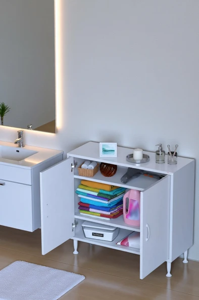 Eliusta  Sabir 80 cm 2 Raflı Beyaz Banyo Mutfak Dolabı 3 Bölmeli Çok Amaçlı Dolap 80x75x32,5 cm Düzenleyici ürün görseli 1