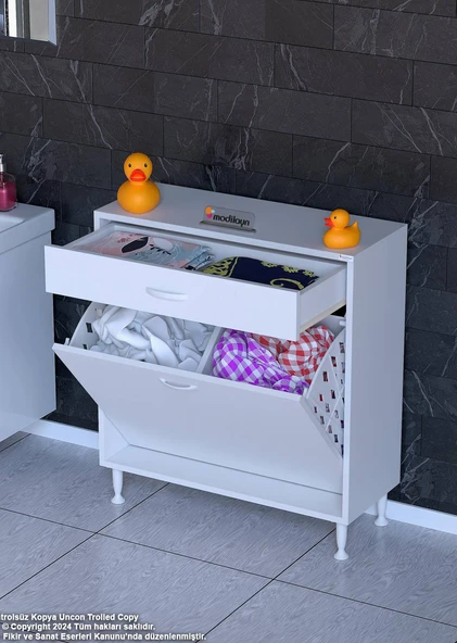 Eliusta  Asil 70 cm Kirli Çamaşır Sepetli Banyo Dolabı 1 Çekmeceli Mutfak Çok Amaçlı Dolap 70x88x32,5 cm - Resim 3