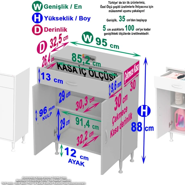 Eliusta  Fre 95 cm Çok Amaçlı Dolap 1 Raflı Tek Çekmeceli Banyo Mutfak Dolabı 95x88x32,5 cm Organizer Dolap - Resim 2