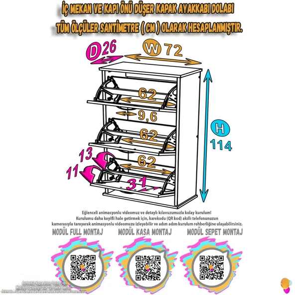Eliusta  Farel 72 cm Genişlik 3 Kapaklı Ayakkabılık 72x114x26 cm  Beyaz Renk Kapı Önü/Antre Ayakkabılık - Resim 2