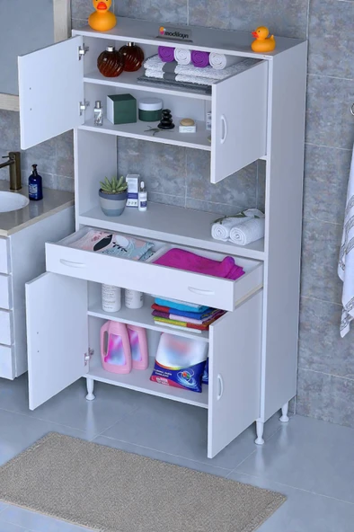 Eliusta  Nordi 4 Kapak 2 Raflı Beyaz Dolap 100x173x32,5 cm Çekmeceli Çok Amaçlı Banyo/Mutfak Dolabı ürün görseli 1