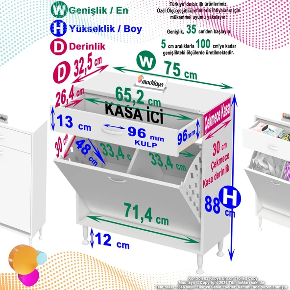 Eliusta  Asil 75 cm Kirli Çamaşır Sepetli Banyo Dolabı 1 Çekmeceli Mutfak Çok Amaçlı Dolap 75x88x32,5 cm - Resim 2