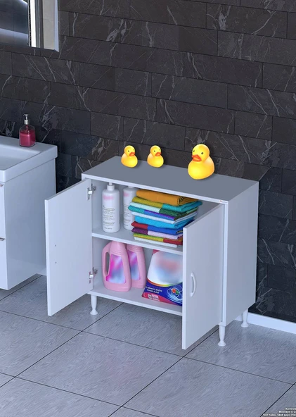 Eliusta  Arden 85 cm Beyaz 2 Bölmeli Banyo Düzenleyici Dolap 1 Raflı Çok Amaçlı Mutfak Dolabı 85x75x32,5 cm - Resim 3
