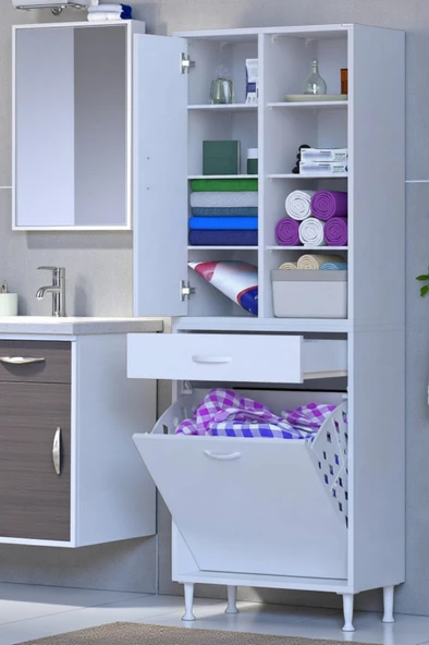 Eliusta  Rule Sepetli Banyo/Mutfak Dolabı 55 cm Genişliğe Sahip 55x171x32,5 cm  Bir Sepetli Beyaz Dolap ürün görseli 1