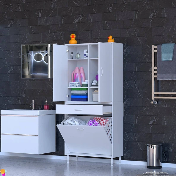 Eliusta  Wall Beyaz Banyo Dolabı 80 cm İki Göz Bölmeli Sepet 80x171x32,5 cm 4 Raflı Mutfak/Banyo Dolabı - Resim 3