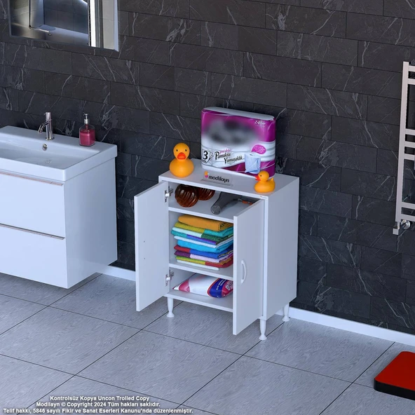 Eliusta  Sabir 65 cm 2 Raflı Beyaz Banyo Mutfak Dolabı 3 Bölmeli Çok Amaçlı Dolap 65x75x32,5 cm Düzenleyici - Resim 3