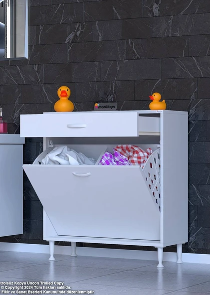 Eliusta  Asil 80 cm Kirli Çamaşır Sepetli Banyo Dolabı 1 Çekmeceli Mutfak Çok Amaçlı Dolap 80x88x32,5 cm - Resim 3