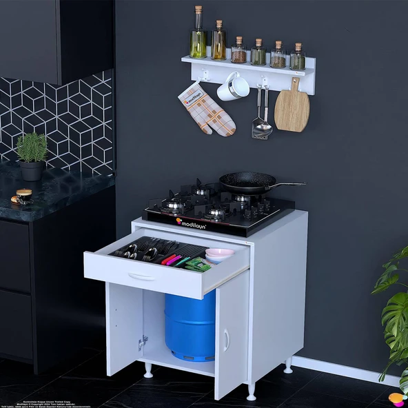 Eliusta  Asya Beyaz Set Ocak Altı 60 cm Tüp Hazneli Mutfak Dolabı 60x88x56 cm Baharat Raflı Dolap - Resim 3