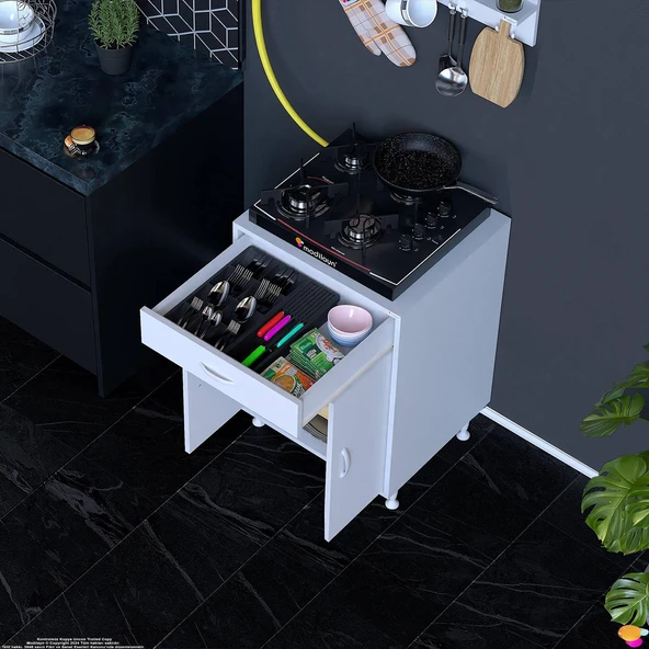 Eliusta  Liva Baharat Raflı 65 cm Çekmeceli Ankastre Mutfak Dolabı Çok Amaçlı Dolap 60x88x48 cm Beyaz Dolap - Resim 3