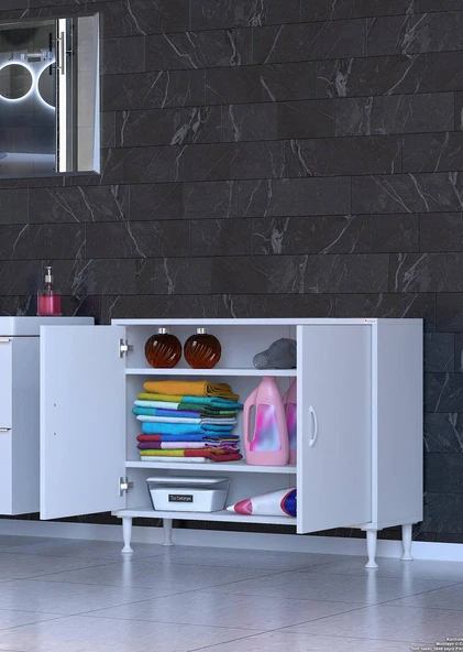 Eliusta  Sabir 100 cm 2 Raflı Beyaz Banyo Mutfak Dolabı 3 Bölmeli Çok Amaçlı Dolap 100x75x32,5 cm Düzenleyici - Resim 3