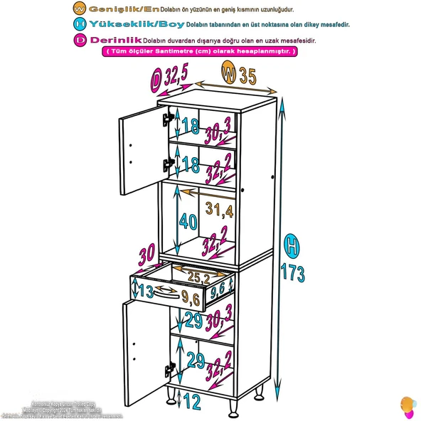 Eliusta  Leno Tek Kapaklı 35 cm Düzenleyici Dolap Banyo/Mutfak Dolabı 35x173x32,5 cm Beyaz Dolap - Resim 2
