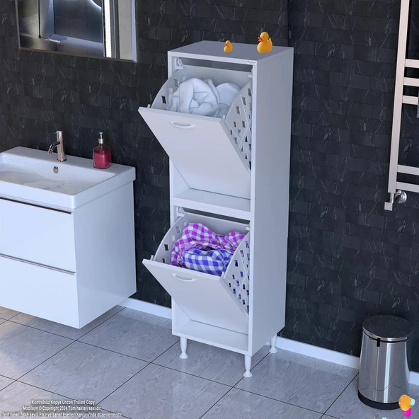 Eliusta  Veluna 45 cm Kirli Çamaşır Sepetli Dolap Banyo Dolabı Beyaz 45x173x32,5 cm 2 Sepetli Dolap - Resim 3