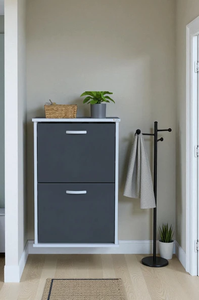 Eliusta  Holen Antrasit Renk Ayakkabılık 2 Düşer Kapak 52 cm Genişlik Kapı Önü Asma Ayakkabılık 52x74x26 cm - Resim 3