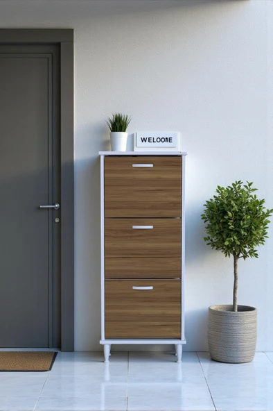 Eliusta  Nefes Ayaklı 52 cm Ayakkabılık Kapı Önü/Antre 3 Düşer Kapaklı Ceviz 52x127x26 cm  Ayakkabılık ürün görseli 1