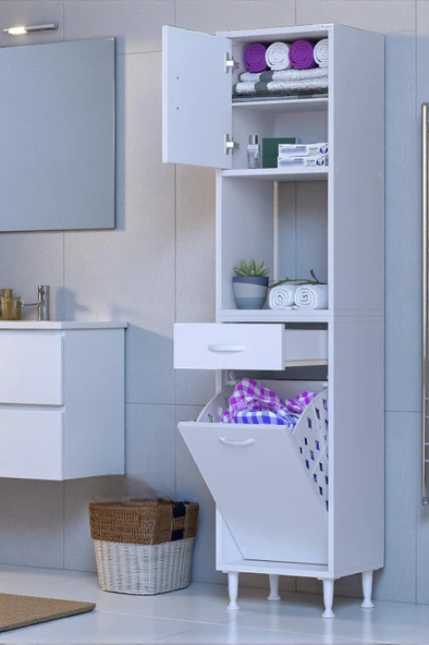 Eliusta  Seris Sepetli ve Çekmeceli Banyo Dolabı  G:40 cm Çok Amaçlı Beyaz Düzenleyici 40x173x32,5 cm Dolap ürün görseli 1